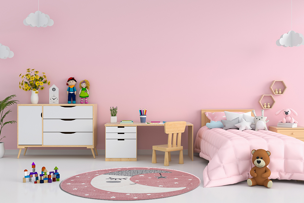 Pink children room interior for mockup, 3D rendering